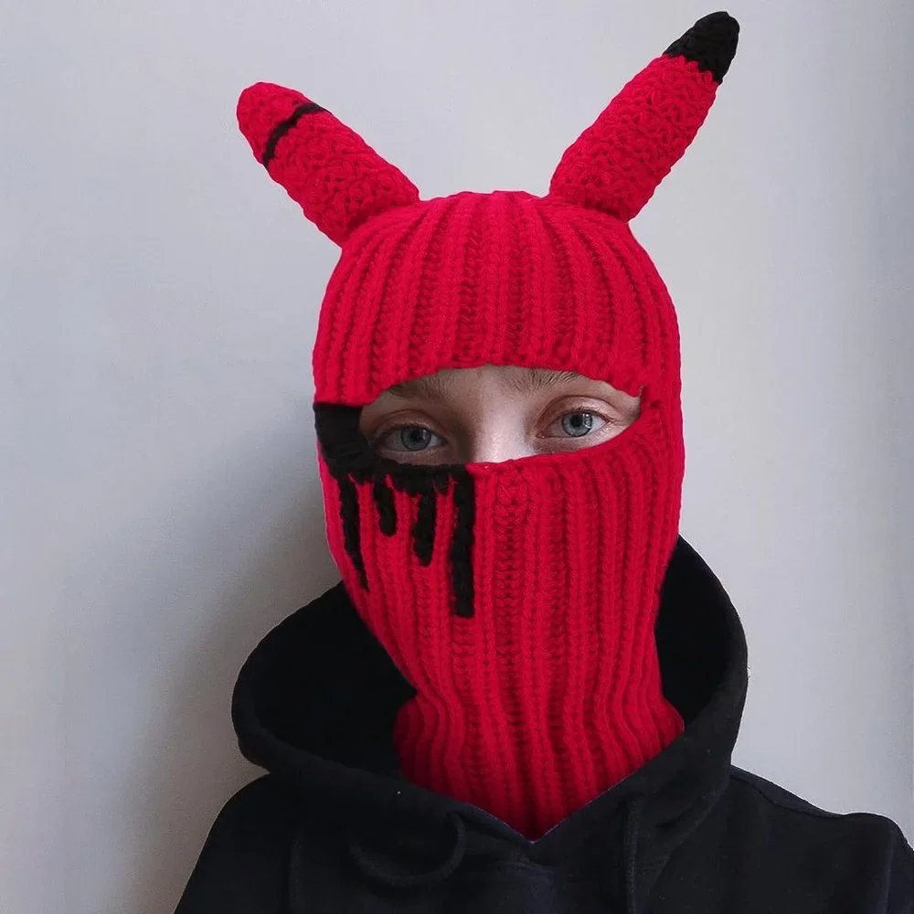 Halloween Horns Creative Knitted Beanies Face Cover Mask Windproof Balaclava Hat